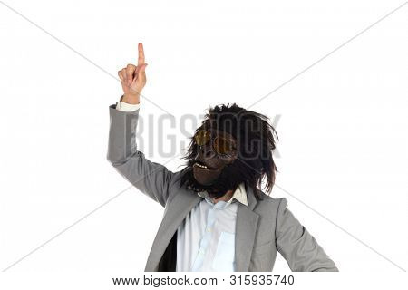 Businessman with gorilla head indicating isolated on a white background