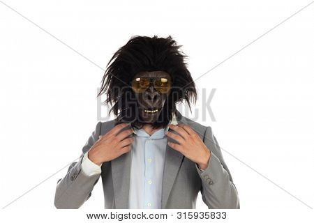 Businessman with gorilla head gesturing isolated on a white background