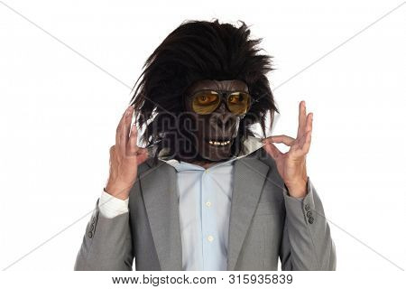 Businessman with gorilla head gesturing isolated on a white background