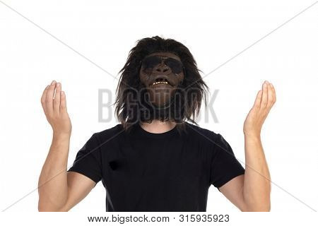 Man with gorilla head isolated on a white background
