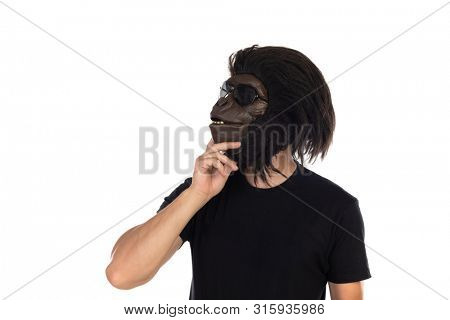 Man with gorilla head isolated on a white background