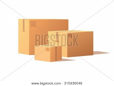 Carton Packs Vector Delivery Icons. Pile Of Parcel Boxes, Stacked Sealed Goods In Cardboard. Realist