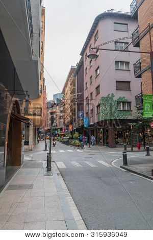 Andorra La Vella, Andorra - June 3, 2019: Small Street In City Center Of Andorra La Vella.