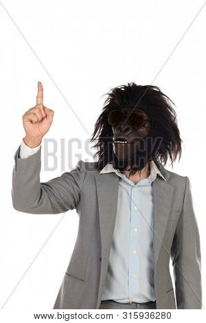 Businessman with gorilla head gesturing isolated on a white background