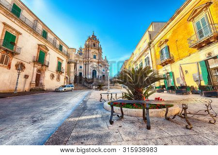 The Baroque Saint George Cathedral Of Modica And Duomo Square. Historic Center Builded In Late Baroq