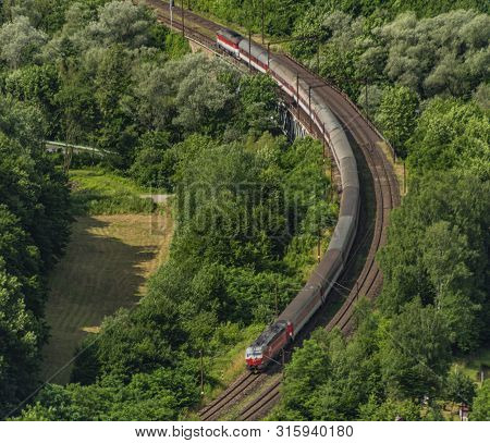 Fast Sloavakia Train From Skalka View Point Near Kysak Station In Summer Hot Morning