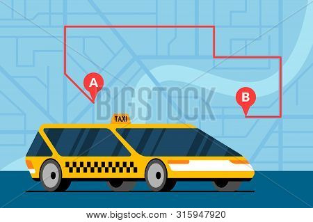 Modern Yellow Car On City Map With Route A To B And Gps Navigation Marker Pins Location Icons. Onlin