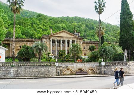 Gagra, Abkhazia - May 02, 2019: The Old Destroyed Building Of The Winter Theater Built In The 50s On