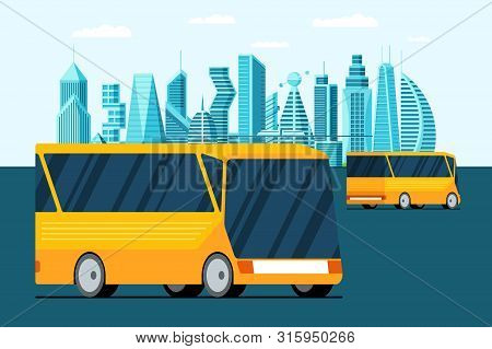 Autonomous Driverless Unmanned Transportation Yellow Bus Vehicle On Future City Street. Smart Citysc