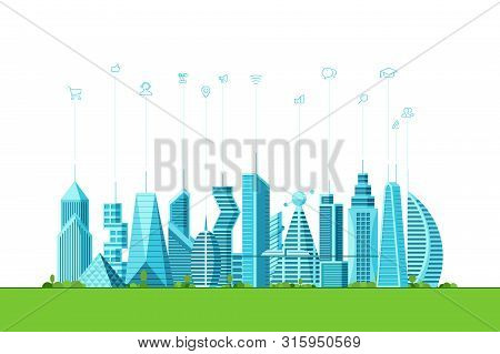 Future Smart City Technology Concept. Urban Cityscape Contemporary Skyscraper Buildings With Infogra