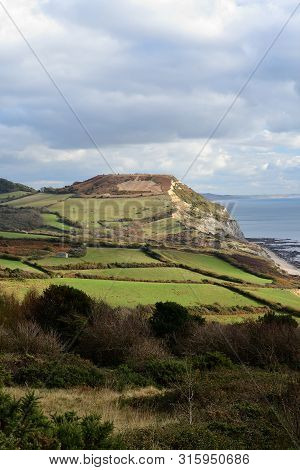 Scenic View Of Golden Cap Mountain In Dorset