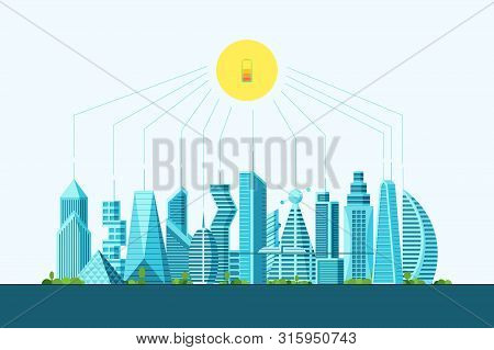 Future Smart Eco City Alternative Clean Sun Energy Concept. Urban Landscape With Solar Battery Power