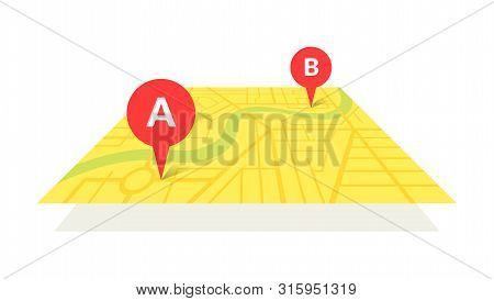 City Street Map Plan With Gps Pins And Navigation Route From A To B Point Markers. Vector Yellow Col