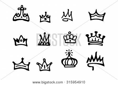 Crown Logo Graffiti Icon. Blackhand-drawn Crowns. Elements For Princesses Isolated On White Backgrou