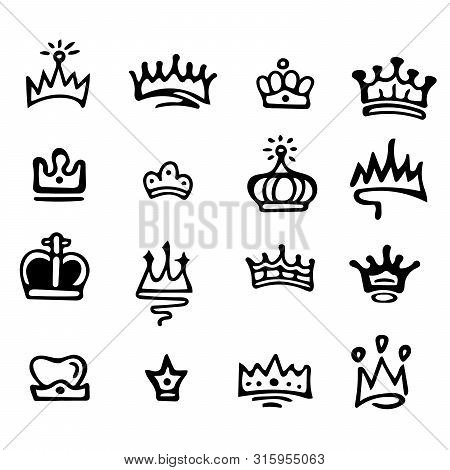 Crown Logo Graffiti Icon. Blackhand-drawn Crowns. Elements For Princesses Isolated On White Backgrou