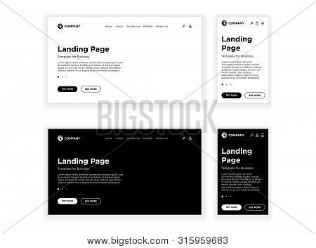 Landing Page Blank Template Desktop Pc And Mobile Adaptive Version Set. Empty Site White And Black L