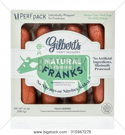 Winneconne, Wi - 15 July 2019 : A Package Of Gilbers Craft Sausages Natural Uncured Beef Franks On A