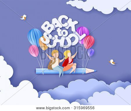 Back to school 1 september card. Children flying on pencil with air balloons. Paper cut style illustration