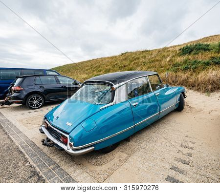 Overveen, Netherlands - Aug 16, 2019: Side View Of Luxury Vintage Old Blue Citroen D Special Limousi