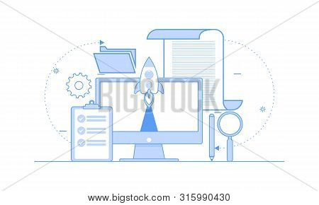 Flat Design Business Startup With Rocket Icon Illustration