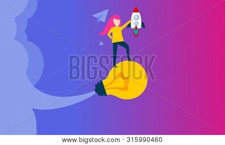 Flat Design Business Startup With Rocket Icon Illustration