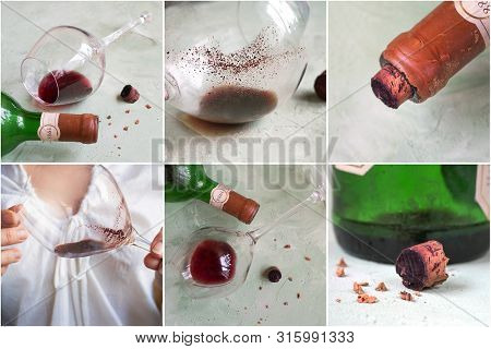 Collage With Different Views Of Sediment In A Glass Of Old Wine. Sediment In Wine.