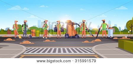 Janitors Team Gathering Trash On Road Cleaners Using Vacuum Cleaner Rack Broom Streets Cleaning Serv