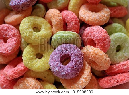 Close-up Colorful Sugary Ring Shaped Fruit Flavored Cereal