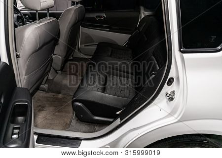 Novosibirsk, Russia - July 17, 2019:  Toyota Opa , Close-up Of The Black  Rear Seats With Seats Belt