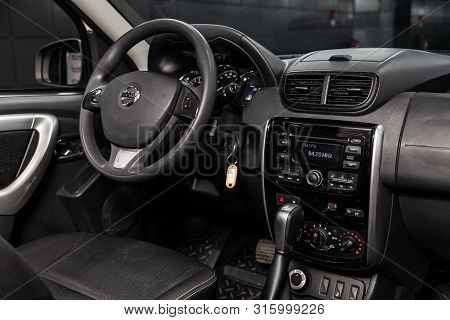 Novosibirsk, Russia - July 17, 2019:  Nissan Terrano, Close-up Of The Dashboard, Player, Steering Wh