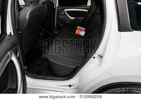 Novosibirsk, Russia - July 17, 2019:  Nissan Terrano, Close-up Of The Black  Rear Seats With Seats B