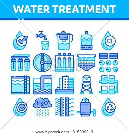 Water Treatment Items Thin Line Icons Set. Filter And Cleaning System Water Treatment Elements From 