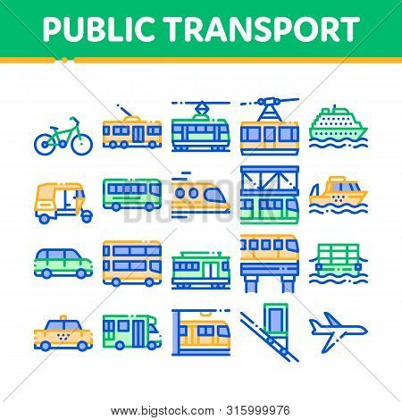 Collection Public Transport Line Icons Set. Trolleybus And Bus, Tramway And Train, Cable Way And Mon
