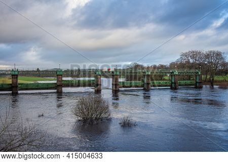 Glenlochar Barrage On The River Dee At Loch Ken, Galloway Hydro Electric Scheme, Dumfries And Gallow
