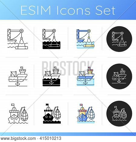 Marine Industry Sector Icons Set. Anchored Ship. Placing Concrete Under Water. Industrial Fishing. A
