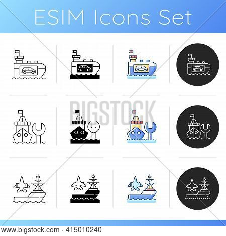 Maritime Industry Icons Set. Vehicle Carrier Ship. Maintenance And Repair. Aircraft Carrier. Car Shi