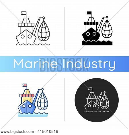 Industrial Fishing Icon. Selling Fish And Fish Products. Commercial Fishing Industry. Overfishing En
