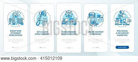 Virtual Event Marketing Tips Onboarding Mobile App Page Screen With Concepts. Speakers, Hashtag Walk