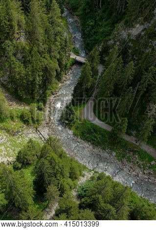 Valley With River Waterfall And Trees In Open Nature