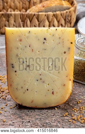 Cheese Collection, Piece Of Hard Yellow Dutch Gouda Cheese With Dried Caraway, Mustard, Cumin, Peppe