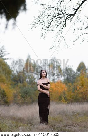 Tender Woman Dressed In Brown Dress, Embrasses Herself, Crosses Arms Over Body, Looks Away With Plea