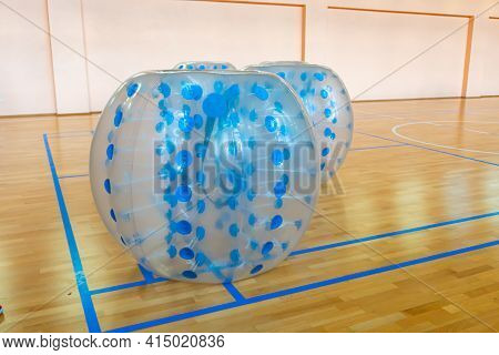 Equipment For Team Building Sport Game Named Bumper Ball Or Bubble Ball. Zorbsoccer. Blue Bumper Bol