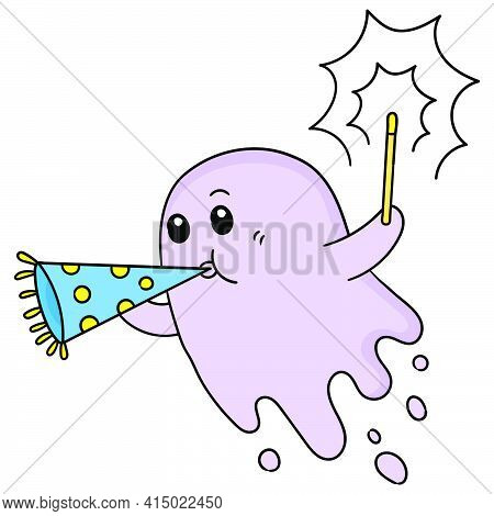 Cute Ghost Is Celebrating The New Year By Lighting Fireworks, Character Cute Doodle Draw. Vector Ill