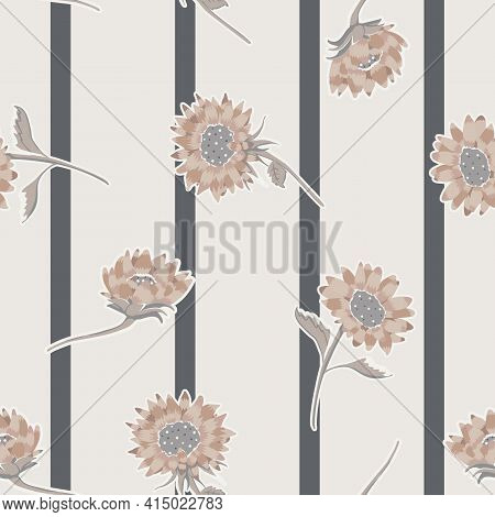 Vector Neutral Colored Sunflowers On Stripes Seamless Pattern Background. Perfect For Fabric, Scrapb