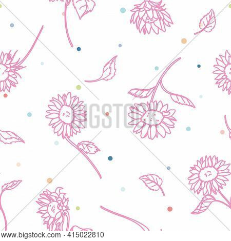 Vector Pink Sunflower Lineart With Colorful Confetti Seamless Pattern Background. Perfect For Fabric