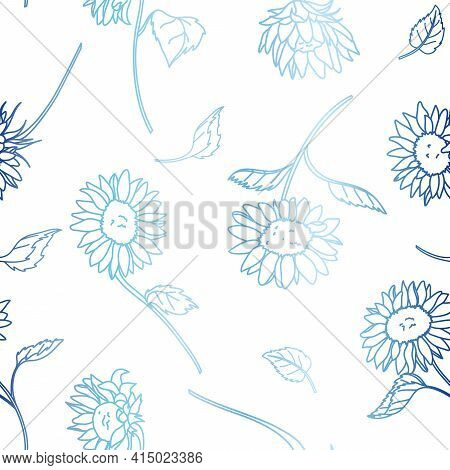 Vector Metallic Blue Sunflower Lineart Seamless Pattern Background. Perfect For Fabric, Scrapbooking