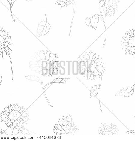 Vector Silver Gradient Effect Sunflower Lineart Seamless Pattern Background. Perfect For Fabric, Scr