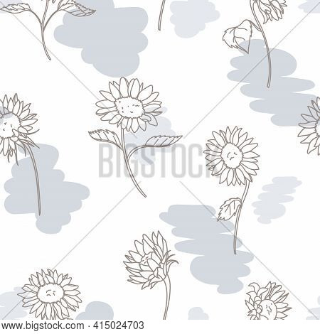 Vector Soft Sunflower Lineart With Abstract Shapes Seamless Pattern Background. Perfect For Fabric, 