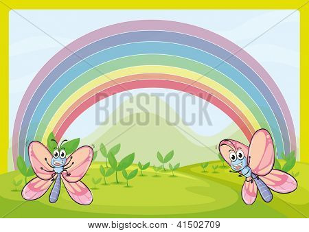Illustration af fluer og rainbow i grønne natur