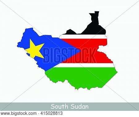 South Sudan Flag Map. Map Of The Republic Of South Sudan With The South Sudanese National Flag Isola
